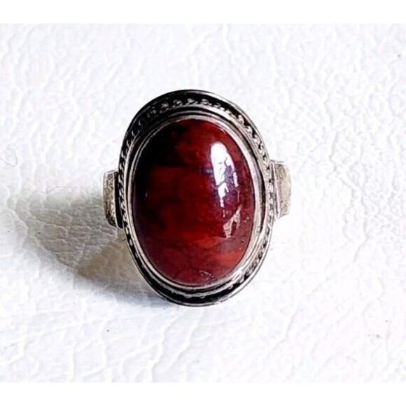 STERLING SILVER MERAN RED JASPER CABOCHON BEADED RING SIZE 10 15.72g - Picture 1 of 7